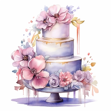 full perspective, watercolor three tier wedding cake clipart, add flowers and glitter, on a white background