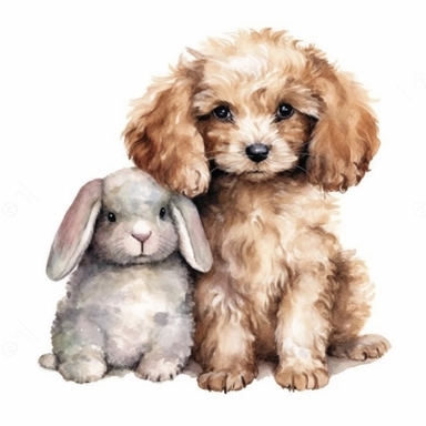 water color, realistic, cute poodle puppy next to bunny, isolated on white, clip art