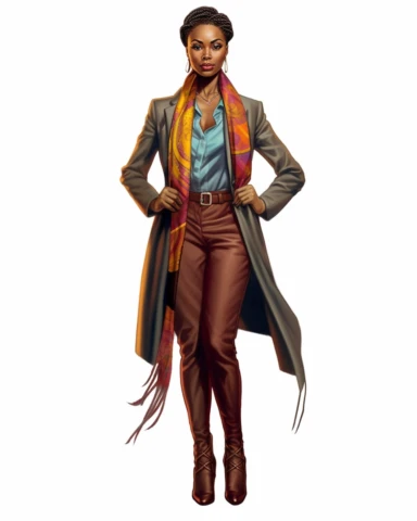 Extremely realistic digital illustration clipart, vector art of ultra beautiful African American woman entrepreneur with beautiful goddess braids, dressed in leather business knee length dress suit with nice colorful scarf in the year 2023, standing in the center of an office on a white background