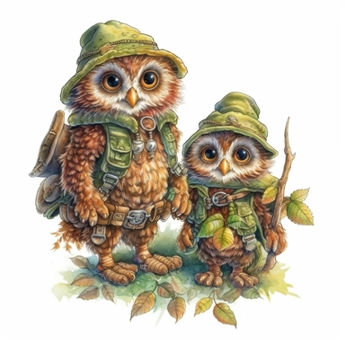 a clipart in the style of Bob Byerley of two cute magical woodland owls, isolated white background
