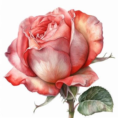 Create a clipart of a single rose bud just beginning to bloom. Pay meticulous attention to capturing the intricate details of the petals, including the delicate folds and veins. The watercolor technique can add depth and shading to create a lifelike appearance. Against a white background, the clipart will emphasize the beauty and elegance of the rose.