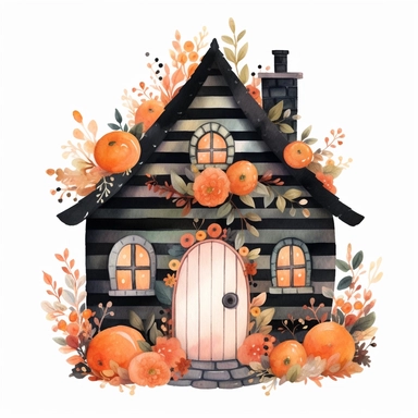 Halloween theme, Watercolor illustration of a cute adorable halloween crocheted fairy house, dark black and orange background, pumpkin, bat, flowers, Florals, Cath Kidston, Emma Bridgwater, rose patterns, pastel colors, stripes. Embellishments like glitter, sparkles, polka dots, png,clipart,isolated on white background, highly detailed, white background for removing background - - no text shadow font watermark