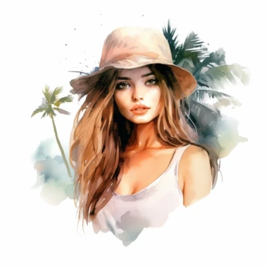 Watercolor drawing of beautiful dreamy island girl, watercolor clipart, white background, isolated on white, 8k, watercolor style