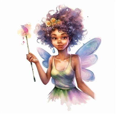 beautiful and friendly watercolor and colorful fantasy afroamerican fairy clipart, half-body, hd 4k, detailed, focused, realistic,holding a pixie wand, isolated on white background