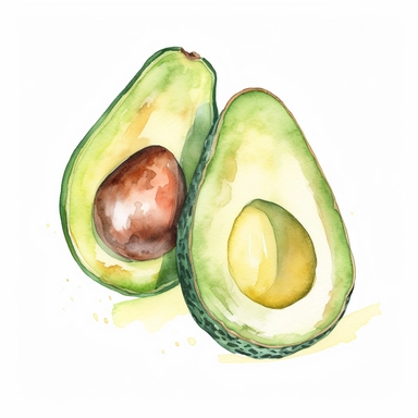 Illustrate a bright watercolor clipart illustration of two avocado halves, with the pit removed , watercolor, vector, contour, white background.