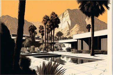 brutalist midcentury house and swimming pool in palm springs, 1960's, happy, friendly, washingtonia palms, low camera angle, pool, bob peak, letraset clipart, slim arrons