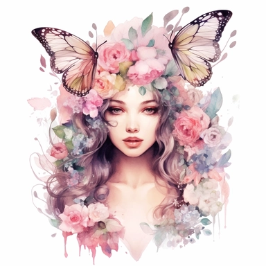 watercolor, hyper realistic, white background, white margins, 16k, ultra detailed clipart, cut out image, hand-drawn goddess surrounded by a garden of blooming flowers. Use soft pastel colors and include elements like butterflies, hummingbirds, and swirling petals to enhance the whimsical feel. Soft Pastels - Create a dreamy atmosphere with a color scheme consisting of delicate pastel shades like lavender, mint green, baby blue, and pale pink