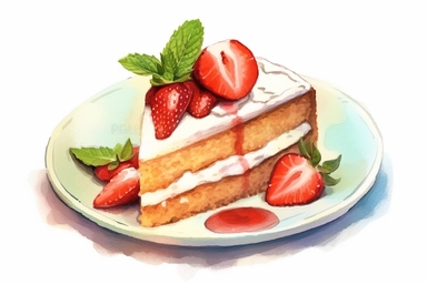 picturesque,a bright simple strawberry sponge cake on dish in family restaurant, mint, clipart on white background, watercolor style,detailing, high quality, painted by Beatrix Potter, 8k
