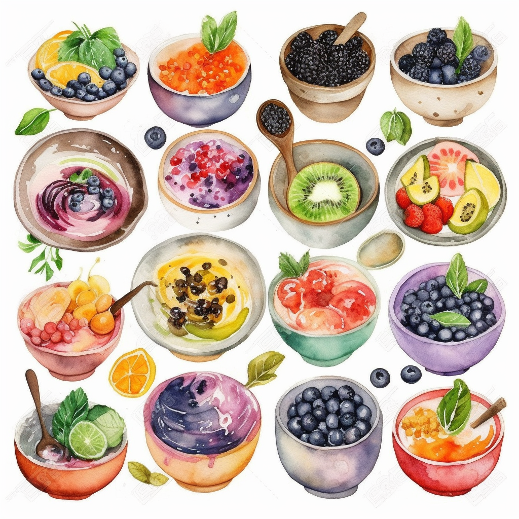 watercolor clipart of a collection of various nutritious healthy bowls ...