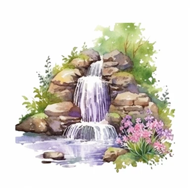 Clipart, isolated on white background, beautiful cute Watercolor Spring waterfalls through the stones, forest woodland nature landscape scenery, plants and flowers, ornated, pastel colors