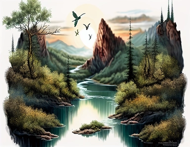 Forests vegitation, rocky hilly terrain, flying birds, sunset, green river, Clipart, highly detailed vegetation, realistic, nature, landscape, unbelievably detailed, in the sun set, in style of Thomas Lange,