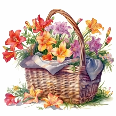 Clipart Watercolor in a colorful countryside setting with wild vegetation, a wicker basket with a bunch of beautiful colorful lilies inside the basket, the basket decorated with silk ribbons, delicate shadows, detailed realistic, white background