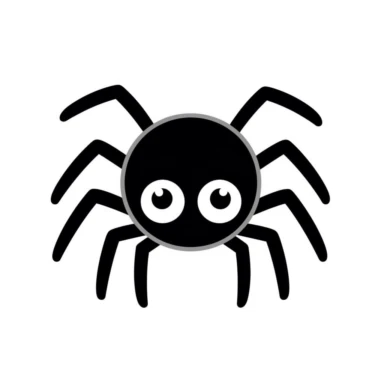 Black and white silhouette of a kawaii spider, clipart style, white background, thick lines, vector, simple design, flat colour, solid colour, halloweencore