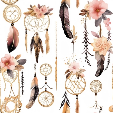 Draw a watercolor-style clip art images that feature objects related to an aesthetic adorned with floral designs. The images should have aesthetic, and should incorporate elements such as watercolor [gold] whimsical and cute illustration in watercolor of boho dreamcatchers with black ornaments, in a Scandinavian folk art style with botanical and swirl motifs. light pink gold colors Traditional with a modern twist watercoloritem collection, isolated on a white background, classy, simple, graphics