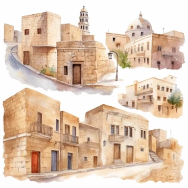 watercolor mardin town in turkiye, illustrations clipart set, simple, , cartoon elements ,different variants , historic stone houses,historic buildings, cobblestone lanes, tone facades of the buildings, Mardin's stone Alleyways separate elements with a margin