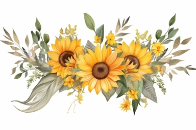 Sunflower and eucalyptus leaves bouquet. Watercolor floral clipart. Yellow flowers for rustic wedding design, thanksgiving decoration, fabric, greeting cards. Isolated on transparent background