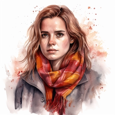 Emma Watson as Hermiona Granger from Harry Potter movie as a girl, wearing Gryffindor scarf, detailed, watercolor, clipart, white background