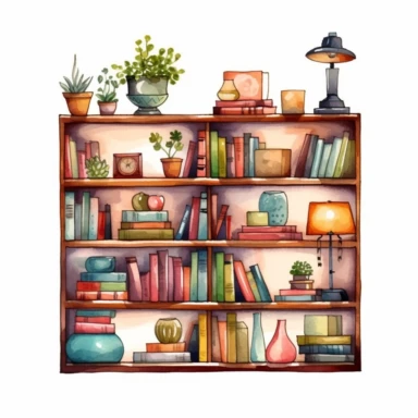 watercolered clipart traditional bookcase with horizontal shelves on which books of different sizes and colors are placed with decorative elements like a lamp or a plant
