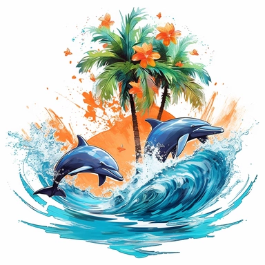 print artwork of majestic palm trees in digital painting style, dolphins jump, close view, big sea waves, water splashes, white background, colorful fantasy flower sorround, highly detailed clean, vector image, photorealistic masterpiece, professional photography, realistic, flat white background, isometric, vibrant vector, clipart, illustration, realism, 4k, , cinematic, front view, white background,