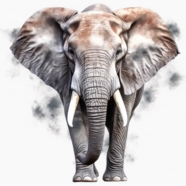 a large grey elephant facing camera, 8k ultra realistic, watercolour art, transparent background png clipart