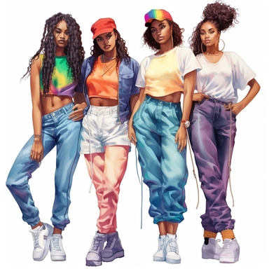 black, African American girls wearing colorful 1990’s style urban streetwear clipart, watercolor style, hyper realistic, detailed, white background