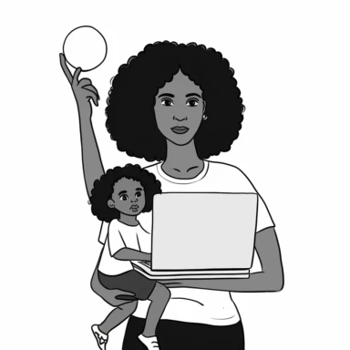 A minimalist black and white clipart showcasing a dedicated mother balancing the roles of caregiver and professional. Depict her holding a child in one arm while focused on her laptop, all set against a clean white background.
