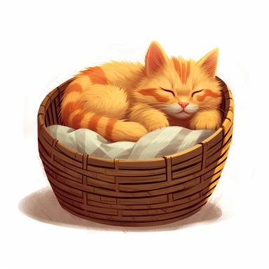 Cat asleep in a basket, high definition, 8k, insanely detailed, white background, isolated clipart, fine detail, sharp focus, illustration, vector, children's book illustration style, bright and colourful illustration style of Jon Klassen and Atey Ghailan