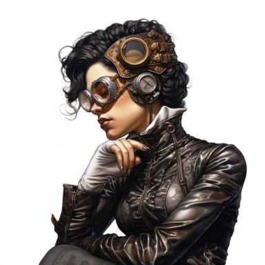 Solid white background. Waist-up portrayal of a steampunk lady, her contemplative gaze and gentle smile reflecting. Her skin and raven-black hair enhance her bronze and silver outfit, showcasing a fine blend of Victorian elegance and steampunk industrial design. A pair of steampunk goggles resting on her head takes the place of a hat. No steampunk elements are depicted in the background. Pastel clipart, hyper-realistic, retro-futurism, solid white backgroun