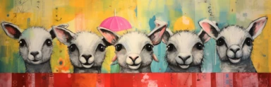 a row of cute miniature lambs, a collage of mixed media art made with tissue paper, magazine and newspaper clippings, oil paint, graphite pencil lines and fabric, in the style of playful surrealism, whimsical, washi tape