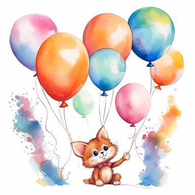 flying cat tied to a balloon clipart, balloons lined up side by side clipart , party balloons clipart, birthday party centerpiece, watercolor clipart