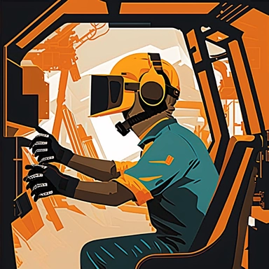 excavator cockpit, worker wearing vr headset, virtual reality hmd, poster, simplistic, abstract, vector, 2d illustration, clipart, few colors