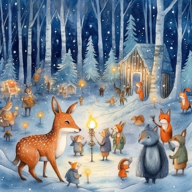 cosy Christmas Eve, snowy enchanted forest, forest animals celebrating Christmas, calm, twinkling lights, ornamental watercolor, clipart, I can't believe how beautiful this is