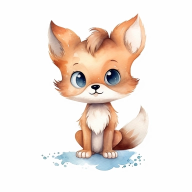 a friendly baby fox with smiling face and kind eyes clipart with watercolor illustration,full body shot,8k,etsy style, white background