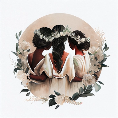Watercolor black women best friends, a bride and bridesmaids hugging each other sitting with their backs together with white flowers around and delicate vines clipart