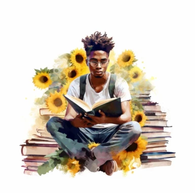 imagine black, African American young man surrounded by books and sunflowers whilst reading intently, clipart, hyper realistic, watercolor style, white background