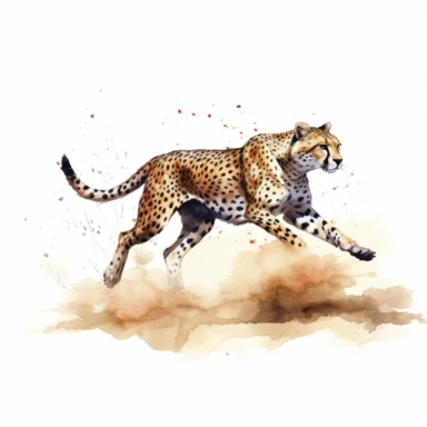 realistic watercolor cheetah running full speed while dodging rocks on the dry african land on solid white background, clipart