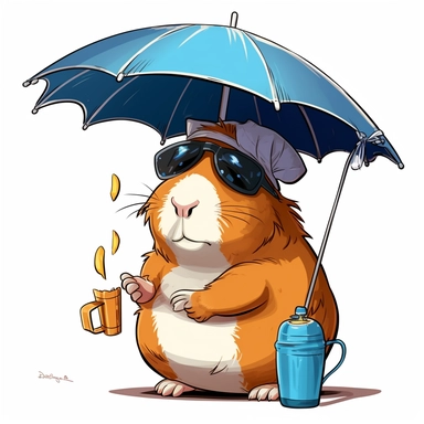 hyper-detailed clipart illustration of a happy Guinea Pig, sitting on a beach chair, wearing sunglasses and sipping a cold drink with a funny hat and a tiny paper umbrella, extreme close-up view, isolated on white background with margins, Studio Ghibli-style,