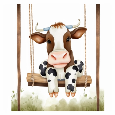 Dairy Cow and Swing Watercolor Sublimation Clipart, Clipart, white background, no watermark, no text, no word,
