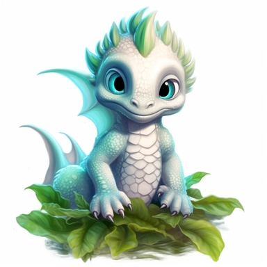 clipart white background: A captivating baby dragon with vibrant teal scales, silver spines, and bright green eyes, frolicking among sunlit meadows and babbling brooks