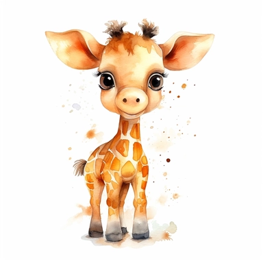 watercolor cute baby giraffe with big eyes, pixar style, kawaii style, light colors, baby room style, clipart with white background
