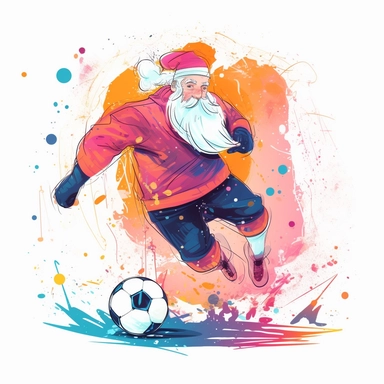 happy Santa Claus playing soccer, happy new year, children storybook illustration. 2d, vibrant luminous colors, flat style, ink Lines, clipart, white empty background, sharp, high resolution, blue pink orange warm