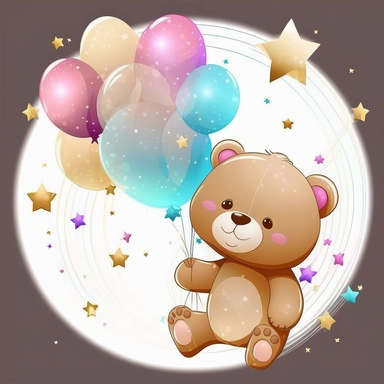 cartoon bear, balloons, png with stars | png cliparts baby teddy bear, balloons, rocket, in the style of qiu shengxian, decorative borders, dark amber and pink, grid-based, soft edges and blurred details, contemporary candy-coated