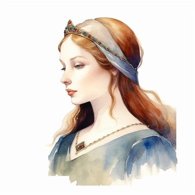 Imagine a watercolor clipart that captures the charm and elegance of a medieval young lady of high nobility. In this prompt, the view will be a side view, emphasizing her facial features and upper body. The young lady will be adorned in a beautifully crafted gown that signifies her noble status. The watercolor medium will bring out the rich textures and intricate details of the fabric, highlighting its opulence. The colors chosen will reflect the period, such as deep blues, rich purples, or eart