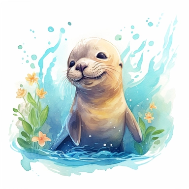 a captivating watercolor clipart image with a white background and white margins, featuring a cute sweet kawaii extremely happy smiling baby sea lion playing in the water. The ultra-detailed, hand-drawn elements capture the details. Use vibrant shades of various colors to create a visually appealing image