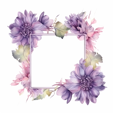 a floral frames made with Soft Purple and Pastel Purple Dahlia flowers, wet on dry watercolour style, antique look, clipart, white background