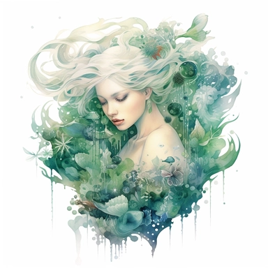 watercolor fairytale ocean quarz, in the style of anna dittmann, green and aquamarine, zhang jingna, detailed painting, detailed illustrations, fluid, watery, organic shapes, transparent/translucent medium, isoleted on white background, seashells, clipart , symbolic elements, tinycore, , stone, fantasy-based, isoleted on white background, clipart