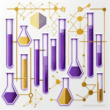 minamlisitc purple and gold chemistry test tubes, clip art style, repeating pattern, white background, bold lines