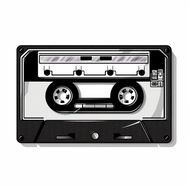the picture of a music cassette from the 80s, from the front, realistic, simple graphic, clipart, black and white
