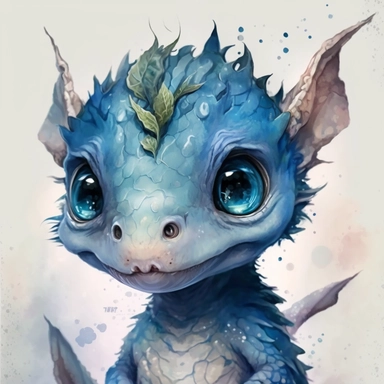 a watercolor painting of a Tiny cute adorable baby dragon looking directly into the camera and slightly smiling, dragon has little braid of hair in the centre, blue color with blue eyes, watercolor painted effect skin, intricate details, glass eyes, skip has watercolor painting effect, soft cinematic lighting, 8k, portrait, Pixar style character, pokemon anime style octane render, upper body only, inspired by Hanns Katz, logo, pastel colors, liquid cooled, 70's, clipart, chill out, retro, full b