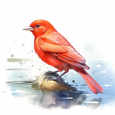 Summer Tanager. use a combination of vibrant colors and subtle variations in color to capture the freshness and vitality of the scene. Let the transparent and flowing nature of watercolors add a sense of lightness and movement to the painting, clipart, plain isolated white background, 8k ultra detail high sharpness